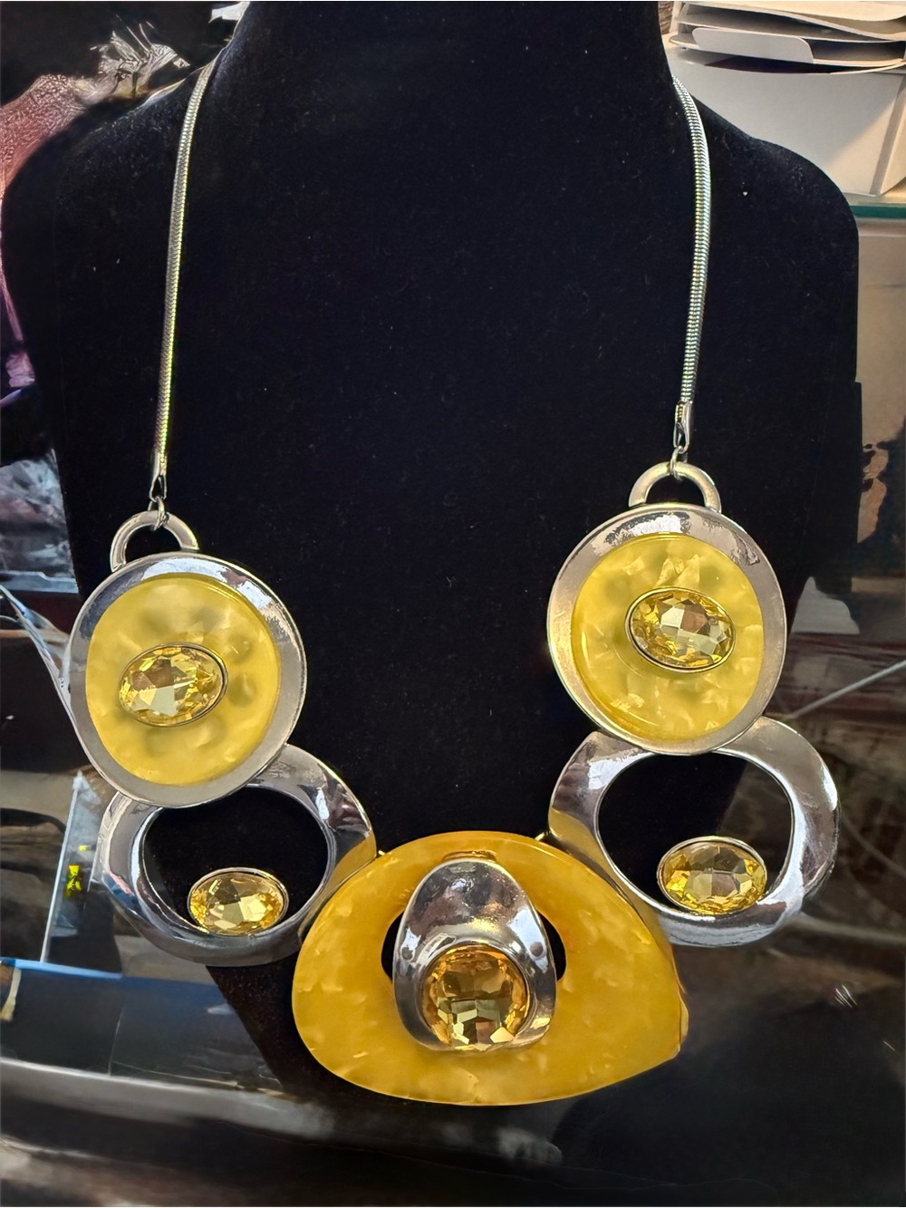 Source Unknown Yellow and Silver Statement Pendant Necklace